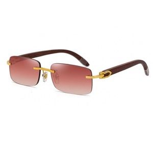 Mens Rectangle Burgundy Tint Gold Frame Rimless Vintage Hip Hop Sunglasses